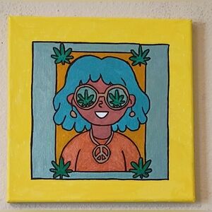 Handpainted Stoner Girl Wall Art 10x10 Canvas Hippie Boho Trippy Room Home Decor